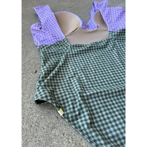 Summersalt The Ruched Backflip Swimsuit - Gingham in Lavender & Ivy, Size 14 - Picture 4 of 10